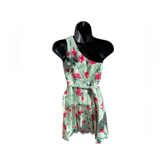 100% Silk Express Green Pink Floral One Shouldered Cocktail Dress size 2 - Picture 2 of 8